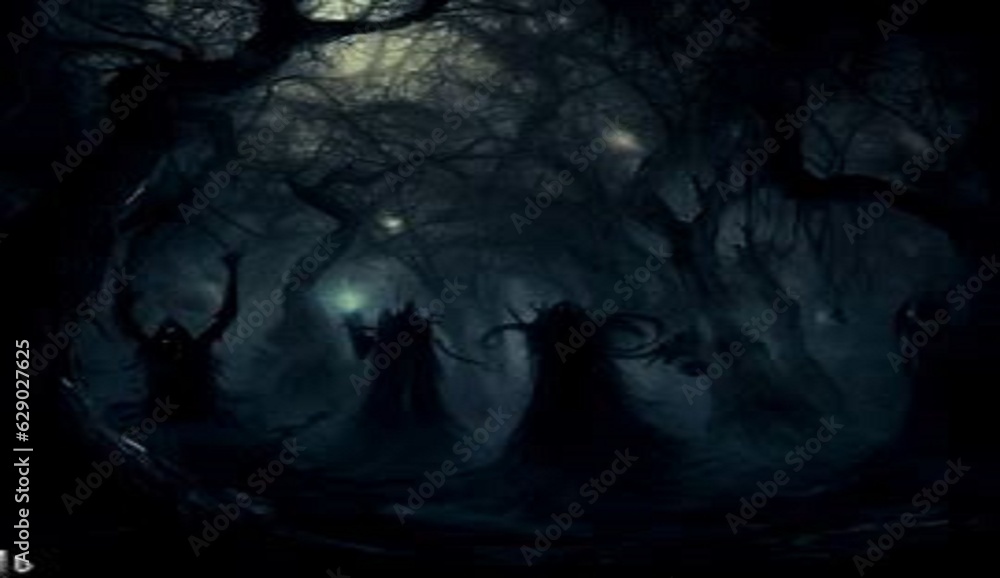 Fototapeta premium Bosque oscuro, Halloween, hechiceros.