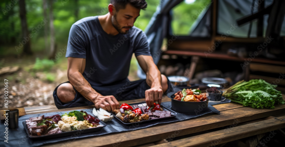 Man cooking in forest. Outdoor cooking, traveling, camping, lifestyle concept. Food in containers on table in forest. digital ai
