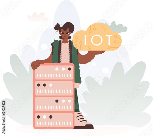 Youthful woman Getting a handle on the IoT Picture Internal parts the center of a Organize of Servers, Symbolizing the Interconnectivity and Mechanical Headways of Progressed Times.