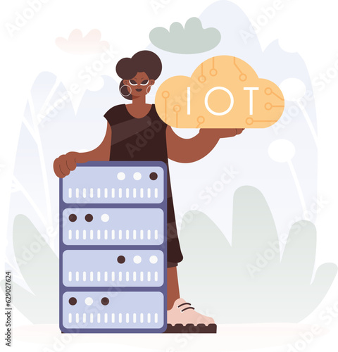 Young lady Getting a handle on the IoT Picture Inner parts the center of a Organize of Servers, Symbolizing the Interconnectivity and Mechanical Headways of Advanced Times.