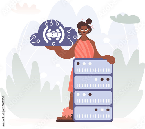Youthful woman Getting a handle on the IoT Picture Internal parts the center of a Organize of Servers, Symbolizing the Interconnectivity and Mechanical Headways of Progressed Times.