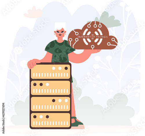 Energetic lady Getting a handle on the IoT Picture Inside parts the center of a Organize of Servers, Symbolizing the Interconnectivity and Mechanical Headways of Advanced Times.