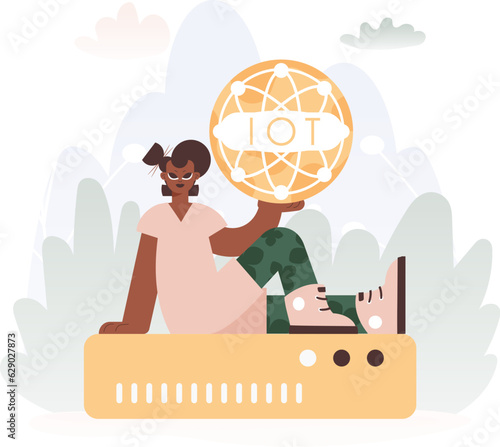 Eager lady Getting a handle on the IoT Picture Internal parts parts the center of a Organize of Servers, Symbolizing the Interconnectivity and Mechanical Headways of Advanced Times.