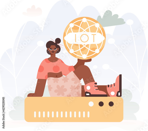 Energized lady Getting a handle on the IoT Picture Internal parts parts parts the center of a Organize of Servers, Symbolizing the Interconnectivity and Mechanical Headways of Advanced Times.