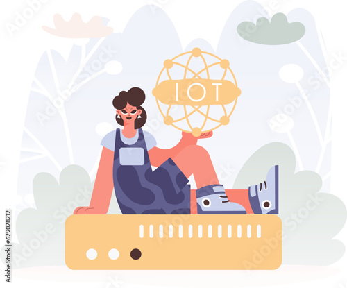 Energized woman Getting a handle on the IoT Picture Internal parts parts parts the center of a Organize of Servers, Symbolizing the Interconnectivity and Mechanical Headways of Progressed Times.