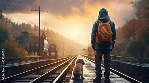 a man with a dog is waiting for the train on the platform of the station. Generative Ai.  © PETR BABKIN