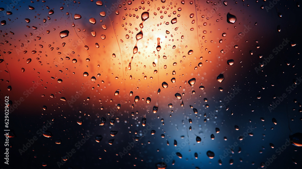 raindrops on the window in red-orange tones. Generative Ai. 