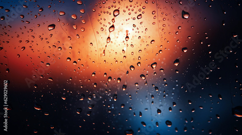 raindrops on the window in red-orange tones. Generative Ai. 