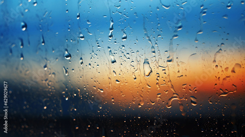 big drops of rain on the window at sunset. Generative Ai. 