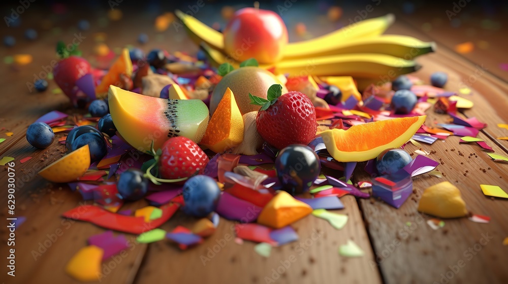 Fruit salad spilling on the floor was a mess of vibrant colors and textures