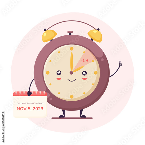 Cartoon style fall back clock, daylight saving time end