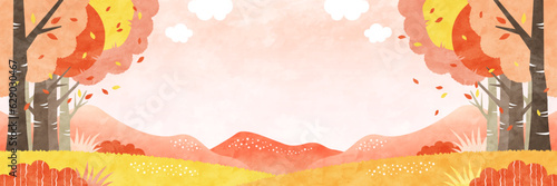 紅葉した草木と秋空の広がる風景 自然あふれる水彩背景イラスト