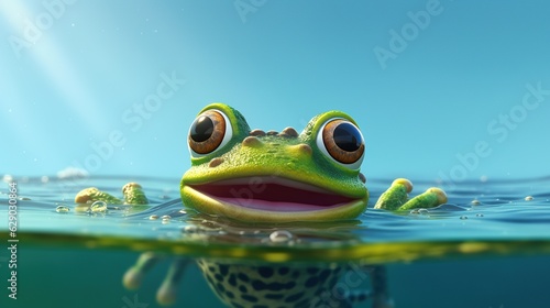 green frog fun smile in water generative ai