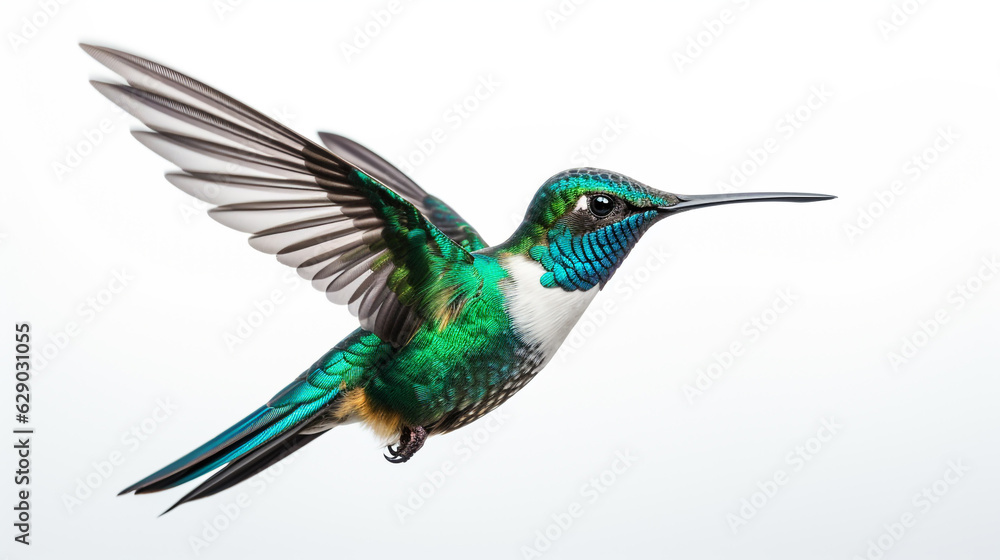 Fototapeta premium flying hummingbird on white background. Generative Ai.