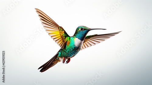 flying hummingbirds with spread wings on a white background. Generative Ai.  © PETR BABKIN