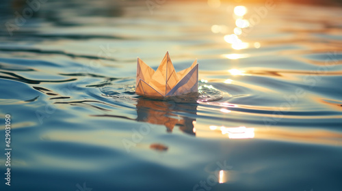 small paper boat in the lake at sunset. Generative Ai. 