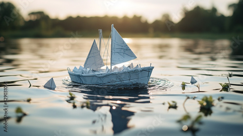 paper sailboat in the pond at sunset. Generative Ai. 