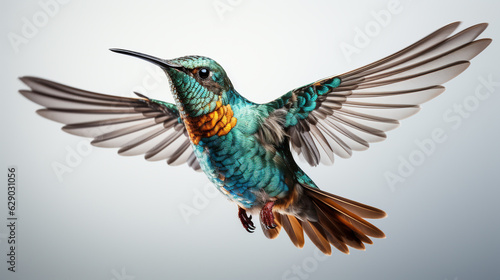 a hummingbird in flight on a white background. Generative Ai. 