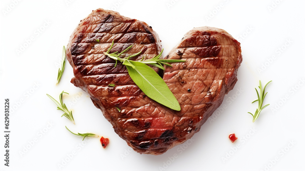 beef steak with heart shaped beans on white background top view. Generative Ai. 