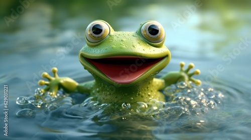 green frog fun smile in water generative ai