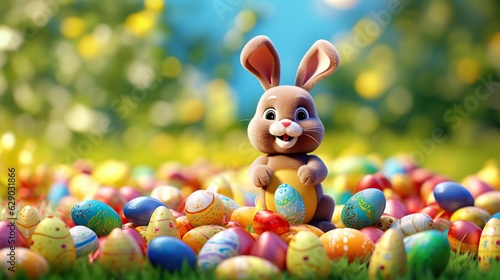 Happy bunny with many easter eggs on grass festive generative ai