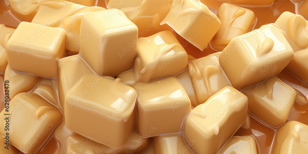 Fototapeta premium Creamy milky caramel pieces wallpaper. Yummy background with caramel praline cubes texture. Sweet candies backdrop.
