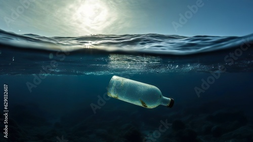 A bottle under water. The sea and ocean pollution. Stop ocean contamination. Environmental pollution.