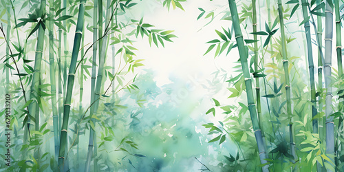 Fotografija Tall tropical bamboo wall mural painted art, watercolor art style wallpaper background