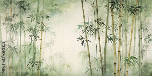 Tall tropical bamboo wall mural painted art, watercolor art style wallpaper background. © Got Pink?
