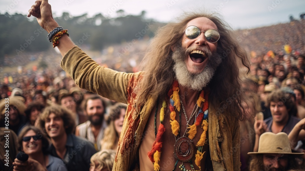 Vintage Groove: '70s Hippie's Laughter Echoes through the Festival. A Retro Vibe, Celebrating Music, Love, and Togetherness.