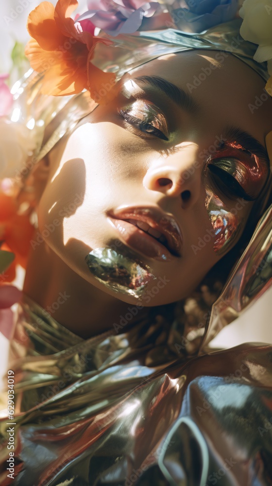 Fototapeta premium Futuristic Botanica: An Otherworldly Female Model Graced with Iridescent Foil and Captivating Realistic Flowers.