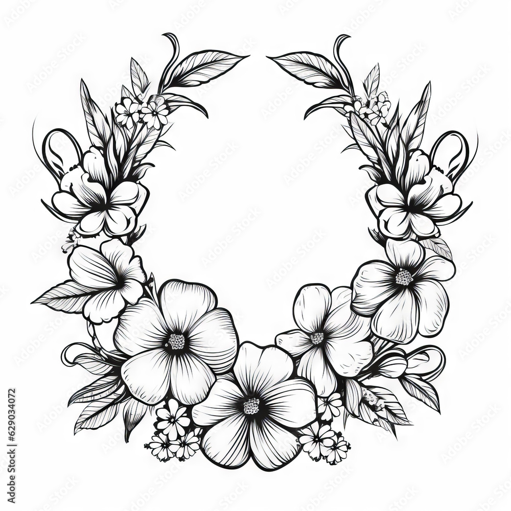 Decorative frame with a floral motif, black and white image, stylized as vector graphics, image without shadows,