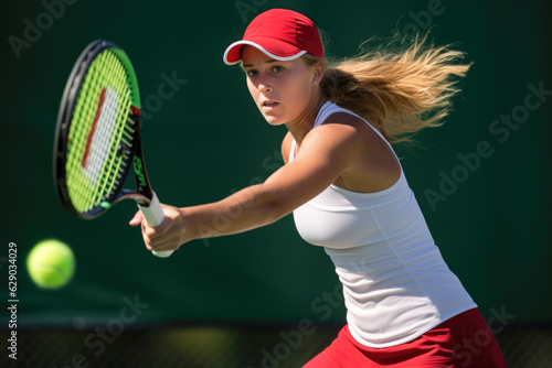 Tennis woman player hitting a forehand shot. The ball is in the air