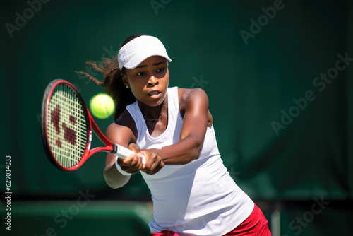 Tennis woman player hitting a forehand shot. The ball is in the air