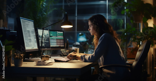 A frustrated employee dealing with a computer error, her face illuminated by the screen's blue light in the dim office
