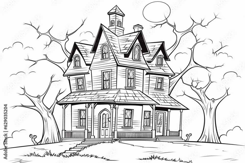 Colorless Scary Witch House, Halloween Coloring Page: AI Generated