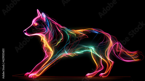 Wolf Animal Plexus Neon Black Background Digital Desktop Wallpaper HD 4k Network Light Glowing Laser Motion Bright Abstract 