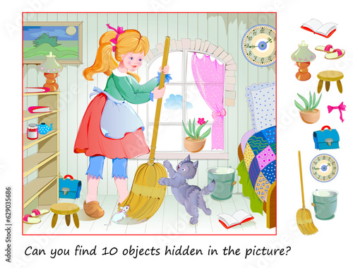 Can you find 10 objects hidden in the picture? Logic puzzle game for children and adults. Little girl cleaning her room. Educational page for kids. Vector cartoon illustration.