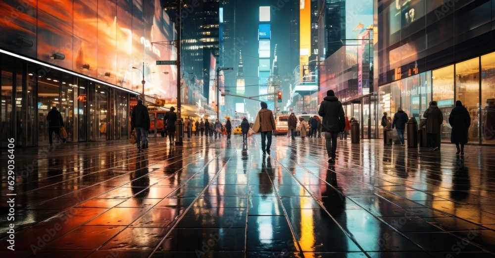 High-energy image of pedestrians at night crossing a bustling city street, long exposure capturing motion, vibrancy, and the urgent pace of urban life