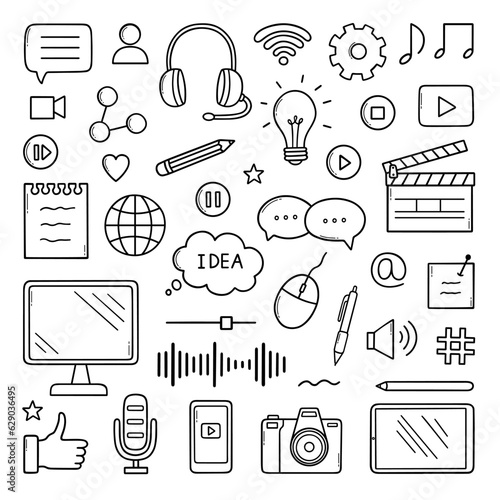 Content marketing doodle set. Digital marketing, content creator, blogging and social media in sketch style. Hand drawn vector illustration isolated on white background