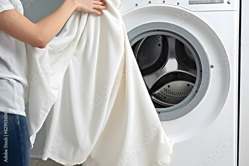 a person pulling out a clean white curtain out of a washing mashine