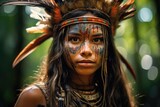 Beautiful woman indigenous portrait of tribal Amazon . Looking serious at camera.