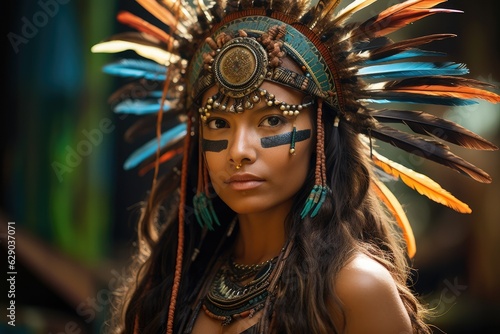 Beautiful woman indigenous portrait of tribal Amazon . Looking serious at camera.