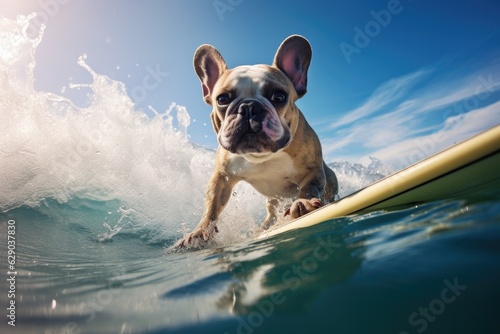 Dog surfing on a wave.Sunny day. Summer concept. 