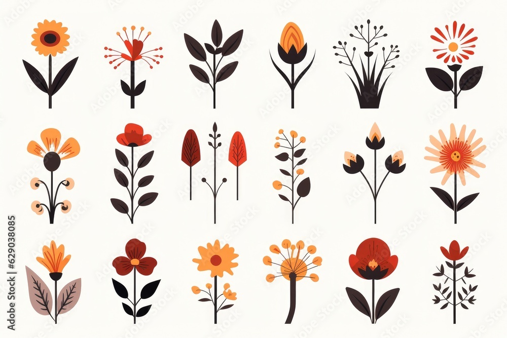 Flowers and herbs mega set graphic elements in flat design. Bundle of abstract wildflowers, daisy, rose, hyacinth and other meadow blossoms, plants with leaves Flowers and herbs mega set graphic elements in flat design. Bundle of abstract wildflowers, daisy, rose, hyacinth and other meadow blossoms, plants with leaves