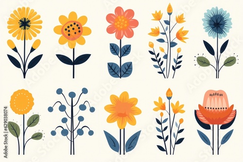 Flowers and herbs mega set graphic elements in flat design. Bundle of abstract wildflowers  daisy  rose  hyacinth and other meadow blossoms  plants with leaves