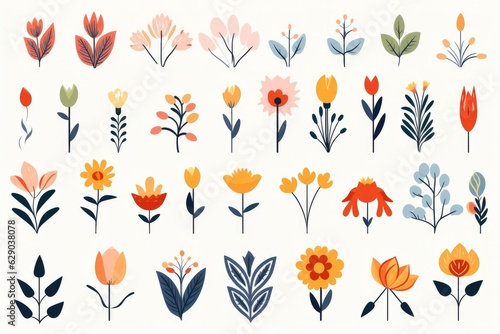 Flowers and herbs mega set graphic elements in flat design. Bundle of abstract wildflowers, daisy, rose, hyacinth and other meadow blossoms, plants with leaves