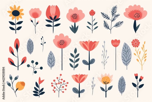 Flowers and herbs mega set graphic elements in flat design. Bundle of abstract wildflowers, daisy, rose, hyacinth and other meadow blossoms, plants with leaves