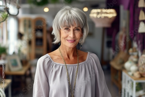 Smiling senior woman with short gray hair in office portrait