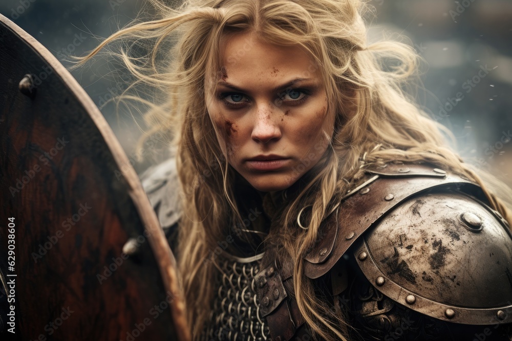 Portrait of an ancient female viking warrior with blonde hair, metal ...